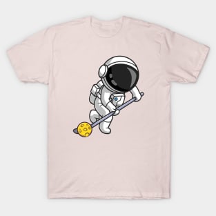 Cute Astronaut Playing Hockey Moon Cartoon T-Shirt